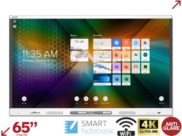 Màn hình hiển thị tương tác 65", tích hợp OPS PC, Android, NFC, Bảng trượt Blackboard; cài đặt sẵn các phần mềm Window, thiết kế bài giảng tương tác và kiểm tra đánh giá trực tuyến kết hợp trực tiếp